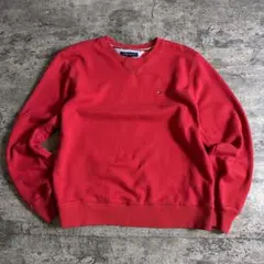 TOMMY HILFIGER 赤スウェット Lサイズ 刺繍ロゴゆるダボメンズ古着