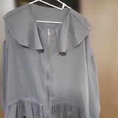 グレー フリル襟 長袖ブラウスLLシアー素材