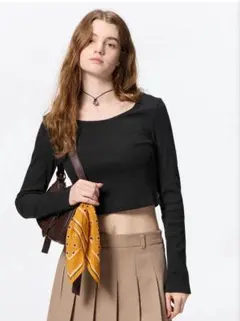 GU リブクロップドT 長袖　XLサイズ ブラック系