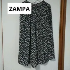花柄 ロングスカート 黒 ギャザー フレア ゴムウエスト M ZAMPA ザンパ