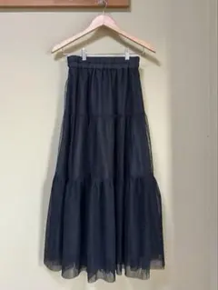 アースミュージック&エコロジー チュールティアードスカート 黒 F 透け感