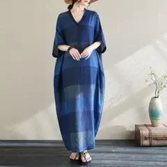 チェック柄 リゾート Vネック ロングワンピース ドルマンスリーブ 体型をカバー