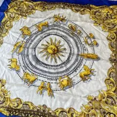 シルク　スカーフ　絹　青　金　占星術柄　87cm四方のサムネイル
