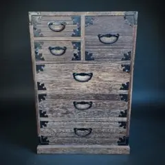 ​【検品印あり】民芸家具 小箪笥 5段6杯 焼桐調 金具装飾 和箪笥 チェスト