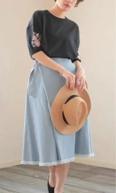 earth music＆ecology裾フリンジデニム巻きスカート