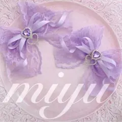 ヘアクリップ（レースリボン♡きらきらダブルチャーム）　推し　紫　パープル