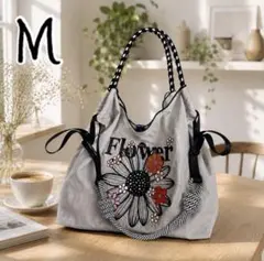 刺繍エコバッグ M グレー ナイロンバッグ ショルダーストラップ付き 花柄