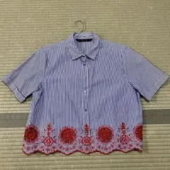 ZARA 刺繍入り半袖ストライプシャツ Mサイズ