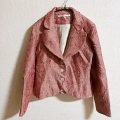 【高級感】ジャガード織 ペイズリー柄 ジャケット シェルボタン レッド系 M相当