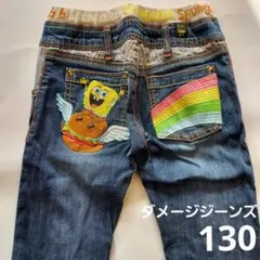 ダメージジーンズ❤️スポンジボブ130cmゴムデニムパンツ 長ズボン男の子女の子