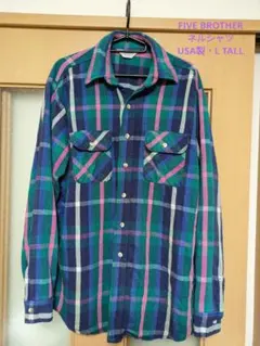 FIVE BROTHER ネルシャツ　紺×緑×ピンク（USA製・L TALL）