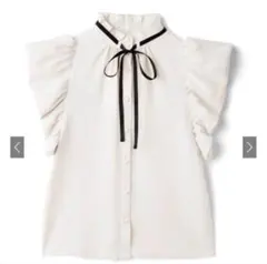 配色リボンタイ付きフリルボリュームスリーブブラウス tu416