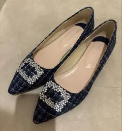 新品未使用　ビジューた付きフラットパンプス　ツイード