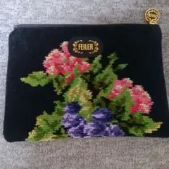 FEILER 花柄刺繍ポーチ 黒