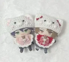 ぬい服　10cm 猫耳ニット帽、スタイセット　ハートくま　ピンク&赤　2点