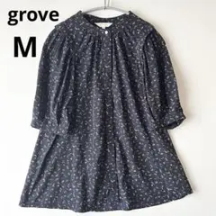 grove今期新作 ヴィンテージサテンウィングスリーブブラウス　ネイビー　M