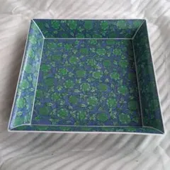 【未使用品】前畑陶器？庫山窯 緑彩更紗　角盛　大皿青と緑の花柄