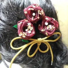 和装髪飾り オーガンジーリボンのバラ（パール・金箔）金の組み紐 卒業式 袴 和装