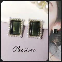 【一点物】クリアブラックレクタングル＆パール ピアス/イヤリング