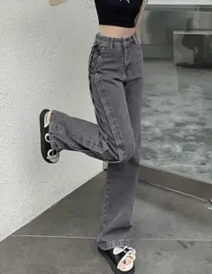 最終値下げ ！サイドリボン グレー デニム パンツ