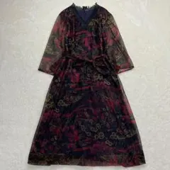 Vintage 総柄 シースルー Vネック フレア ワンピース 黒 赤 F