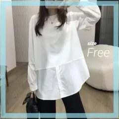 ロングTシャツ 長袖 白T 切り替え 綿 体型カバー レイヤード ブラウス