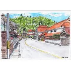 原画一点物　「古い街道沿いにあるレトロな家並み」　＜ペンスケッチ＋透明水彩＞