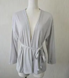 ライトグレー リブ編み カーディガン ウエストリボン付き　ひんやり冷感