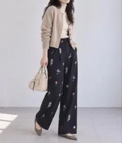 ap retro フラワープリント ワイドパンツ 花柄パンツ 黒