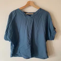 meddum レディース シャツ ブラウス Vネック ブルー L 無地 半袖