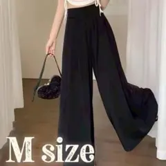 ハイウエスト ワイドパンツ 楽ちん フレア Aライン ロング 黒 M