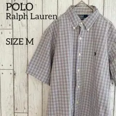 90s ラルフローレン メンズ 半袖 シャツ Mサイズ パープル系 チェック柄
