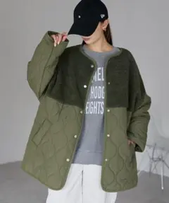 【2025秋冬新作】ボア切り替えキルティング中綿ブルゾン/ カーキ
