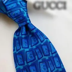 ★美品★ グッチ 高級シルクネクタイ 総柄 ブルー
