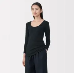 MUJI 無印良品 あったか綿Ｕネック八分袖Ｔシャツ XL 黒 black