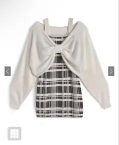 リボンシャギートップス×チェック柄キャミソールミニワンピースニットセットアップ