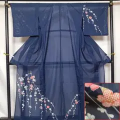 C◇着物くつろぎ 夏物 蔦模様 青 正絹 付下げ 薄物 絽 紗 着物 81