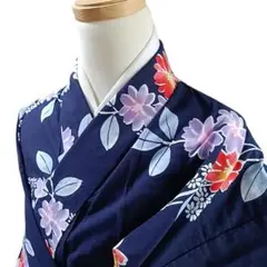 K16 着物 浴衣 お祭り 綿 花柄 紺色