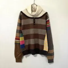 ◉chamois　レイヤード風セーター　タートルネック　ボーダー　茶　40