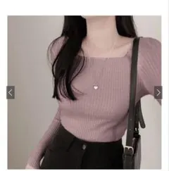 スクエアネックリブニットトップス rut072