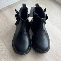 リボン付き ブラック 長靴 サイドファスナー ショートブーツ 19cm レイン