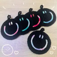 真っ黒ニコちゃん(マーブル) スマイル アクリルたわし コースター 5枚セット