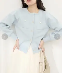 natural couture ポリニット金釦ポケ付き カーディガン
