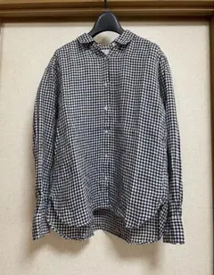 【美品】ユニクロ プレミアムリネンシャツ M ギンガムチェック ネイビー