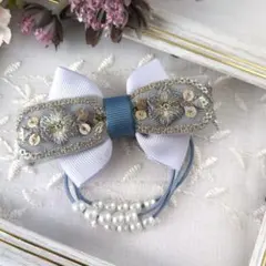インド刺繍リボンとグログランリボン パールの3連ゴムのヘアゴム ミニサイズ