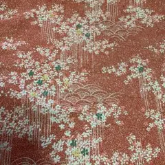 正絹　約35×110 朱赤橙オレンジ　白桃緑黄色の小花　鮫小紋青海波　小紋