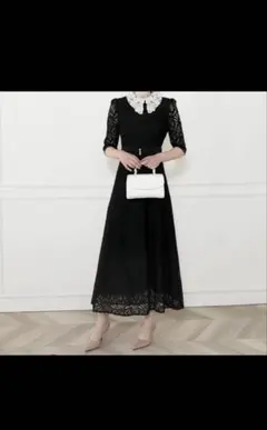 Leja レースビックカラー花柄刺繍ウエストマークロングドレス