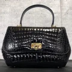 美品】KWANPEN ポロサス クロコダイル 黒 ゴールド金具 ハンドバッグ