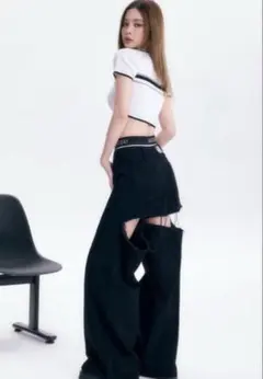 ANDWANG Msizeカットアウト ブラックデニム ワイドレッグパンツ