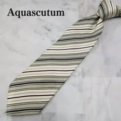 【訳あり】アクアスキュータム　ネクタイ　白 緑 黒　ストライプ柄　絹【n2173